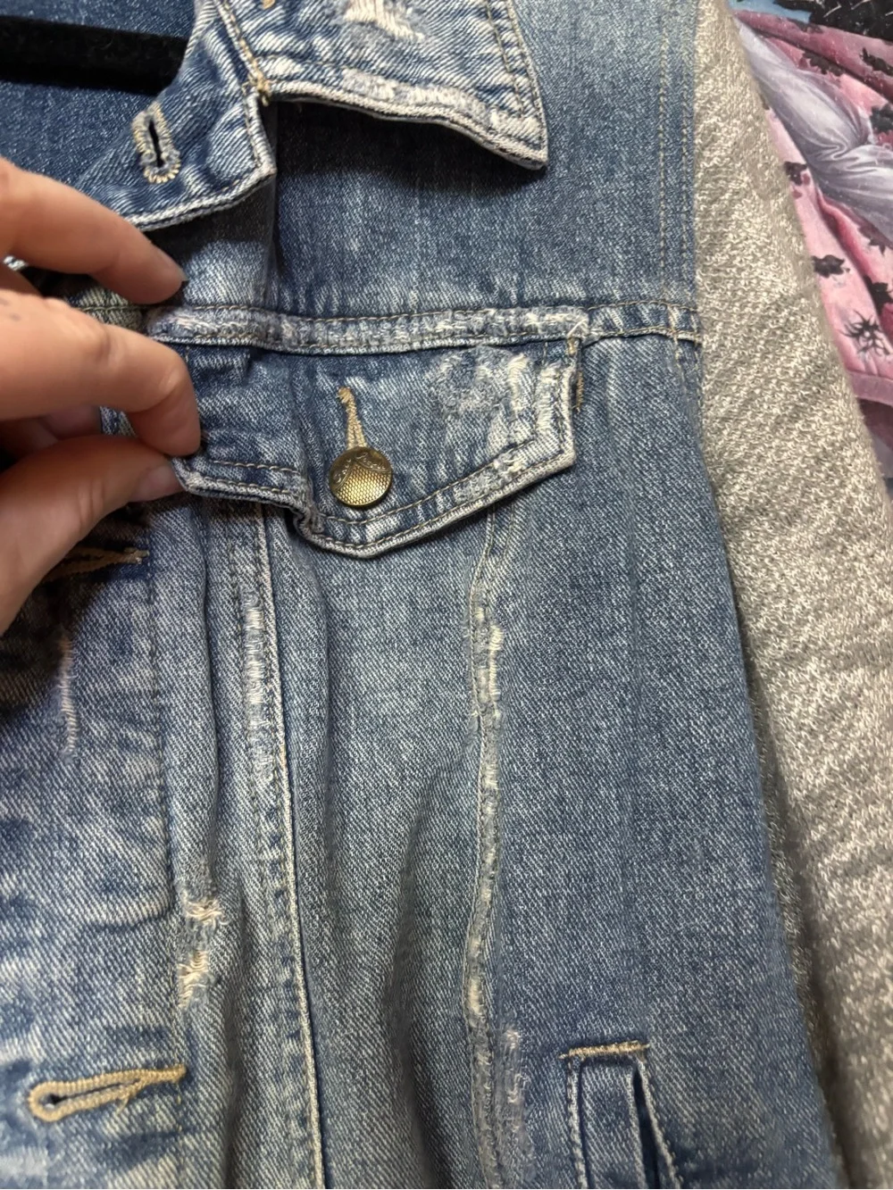 Free People denim jacket with knit hoodie in blue and gray - Picture 7 of 11